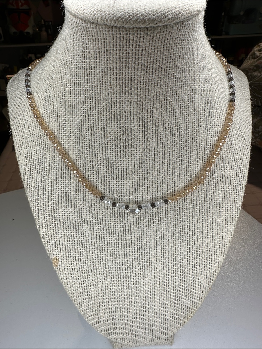 Faceted Gold and Gray Beaded Necklace — Minimal Layering Piece